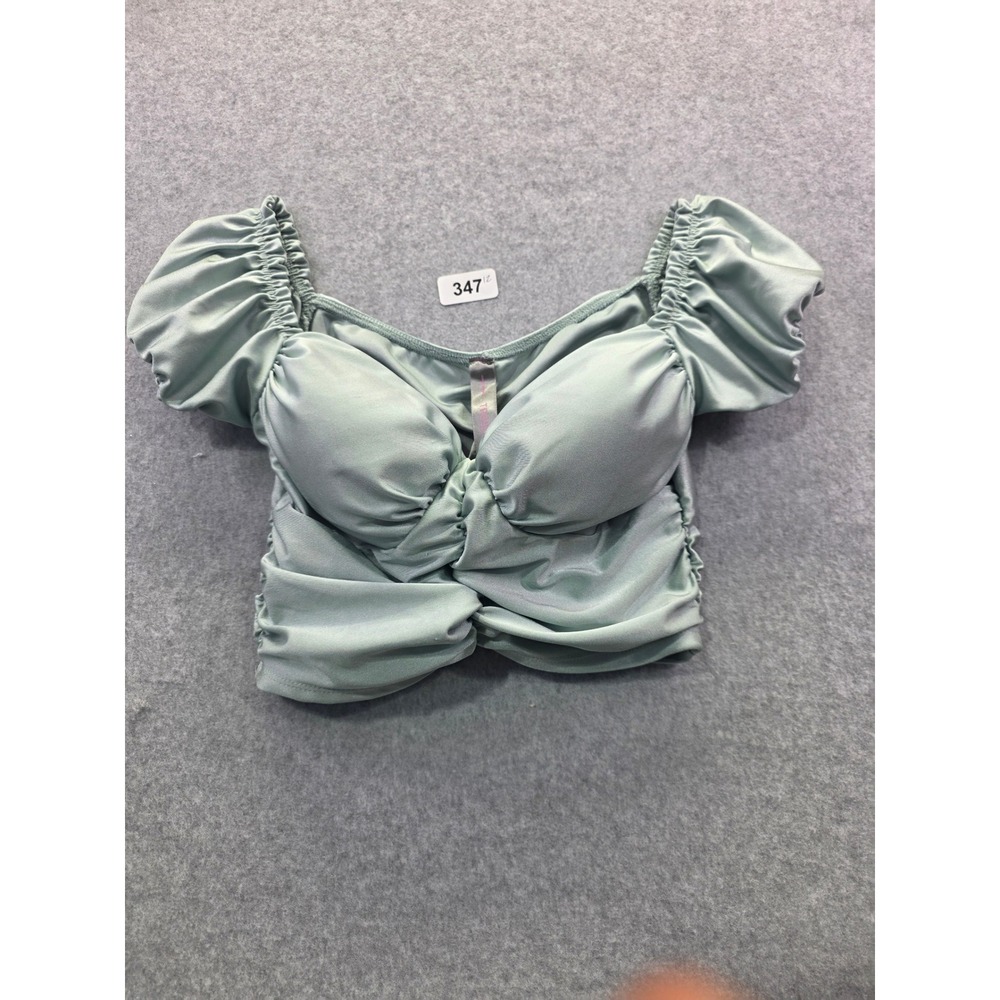 TRESSER Sage Green Ruched Puff Sleeve‎ Padded Sweetheart Crop Top Womens Small